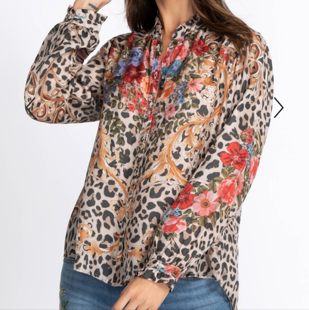 Johnny Was Cheetah Amabel 100% Silk Blouse Size XL